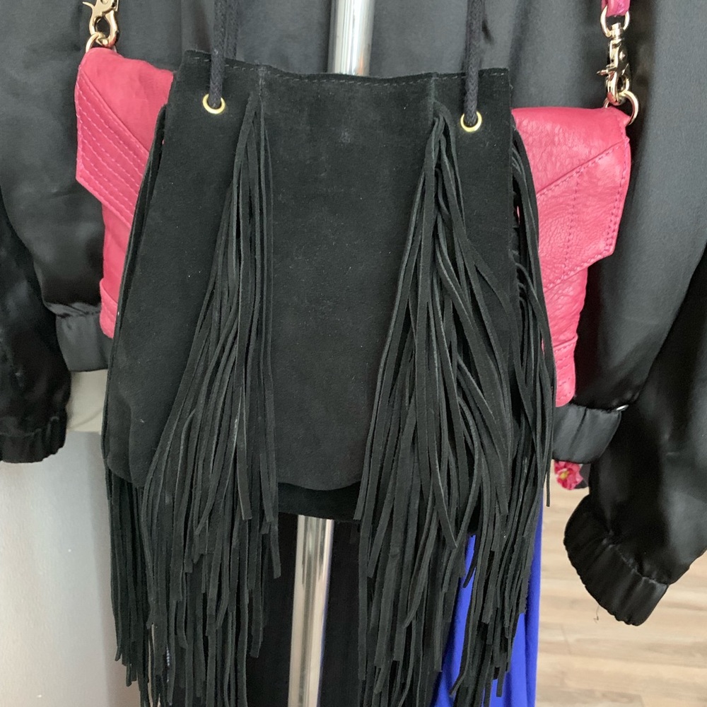 Black suede fringe bag